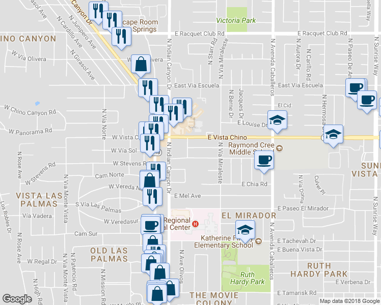 map of restaurants, bars, coffee shops, grocery stores, and more near 401 East Vista Chino in Palm Springs
