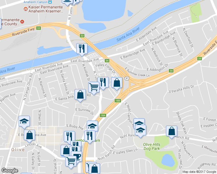 map of restaurants, bars, coffee shops, grocery stores, and more near 213 North Merrimac Drive in Anaheim