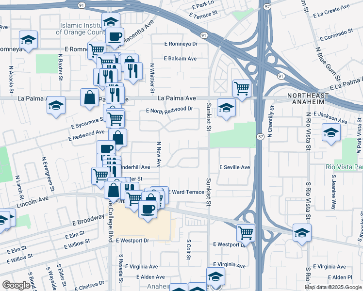 map of restaurants, bars, coffee shops, grocery stores, and more near 2324 East South Redwood Drive in Anaheim