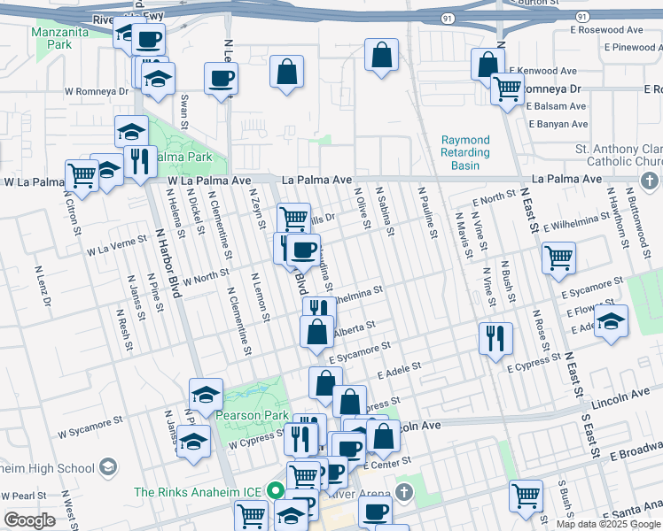 map of restaurants, bars, coffee shops, grocery stores, and more near 758 North Claudina Street in Anaheim