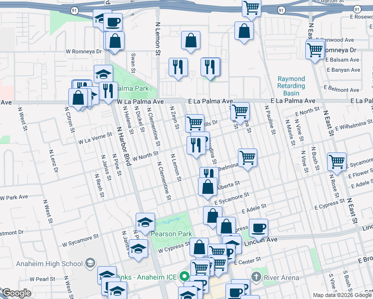 map of restaurants, bars, coffee shops, grocery stores, and more near 811 North Zeyn Street in Anaheim