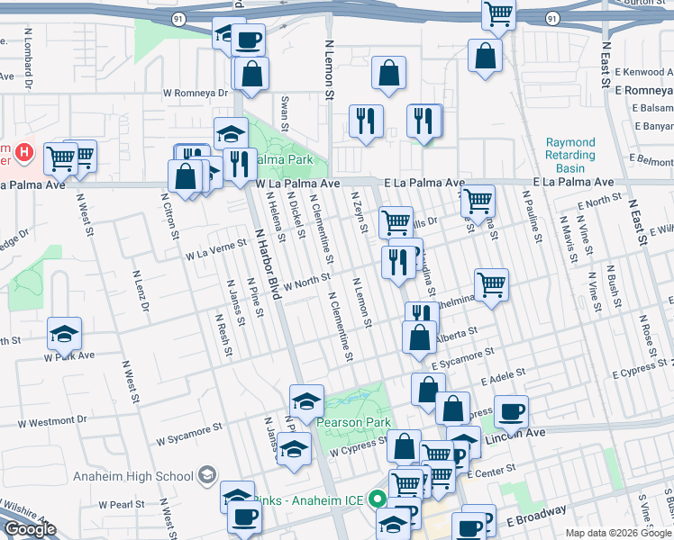 map of restaurants, bars, coffee shops, grocery stores, and more near 820 North Clementine Street in Anaheim