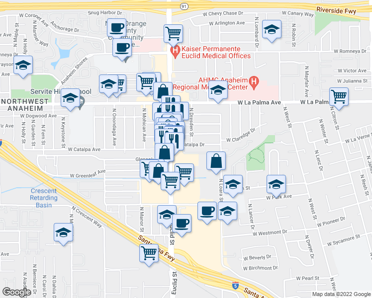 map of restaurants, bars, coffee shops, grocery stores, and more near 1681 West Catalpa Drive in Anaheim
