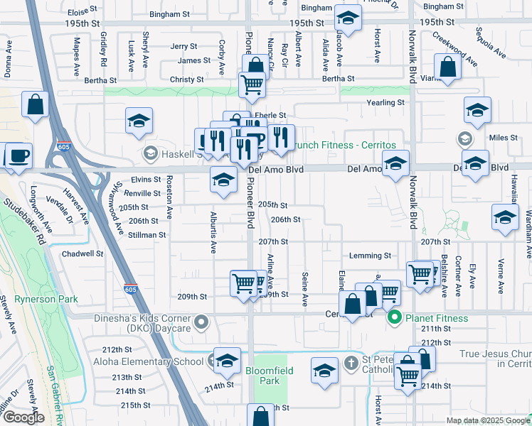 map of restaurants, bars, coffee shops, grocery stores, and more near 20422 Pioneer Boulevard in Lakewood