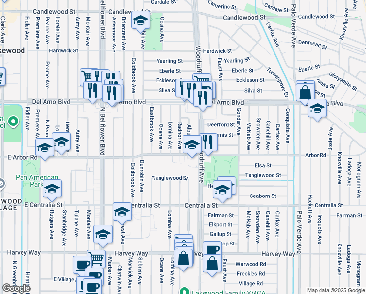 map of restaurants, bars, coffee shops, grocery stores, and more near 4745 Albury Avenue in Lakewood