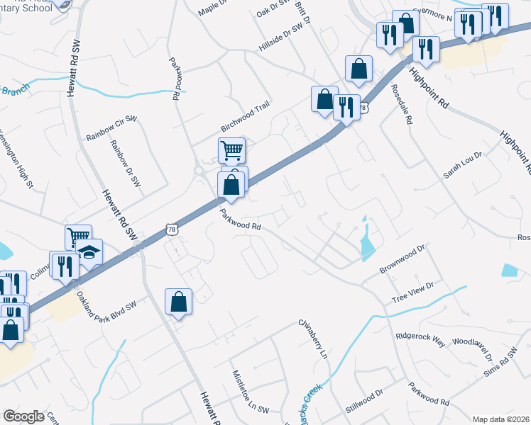 map of restaurants, bars, coffee shops, grocery stores, and more near 3498 Main Street West in Snellville