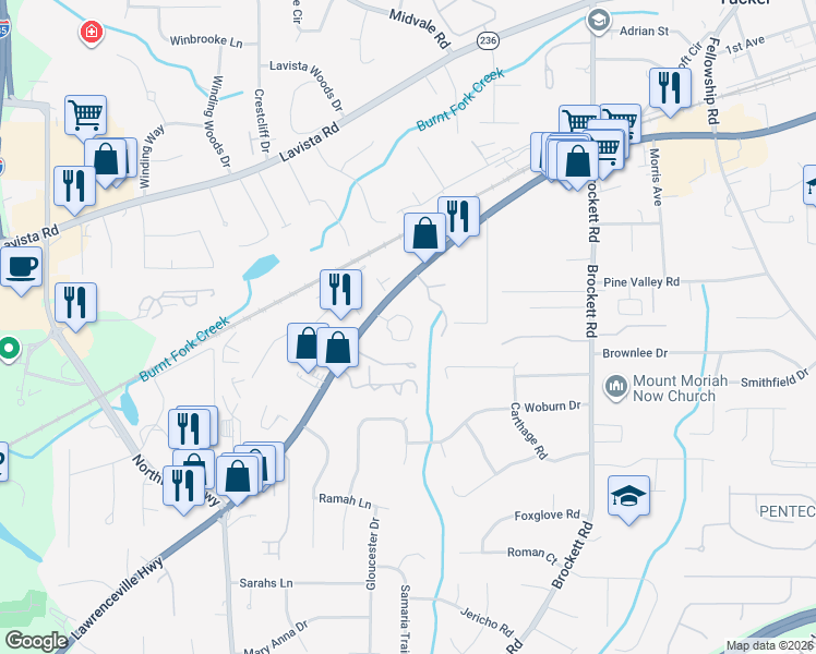 map of restaurants, bars, coffee shops, grocery stores, and more near in Tucker