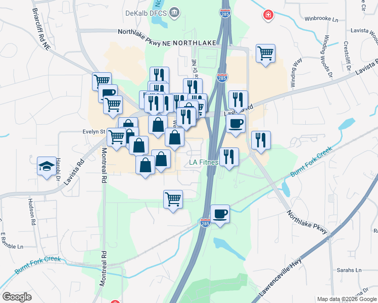 map of restaurants, bars, coffee shops, grocery stores, and more near 4135 Lavista Road in Tucker