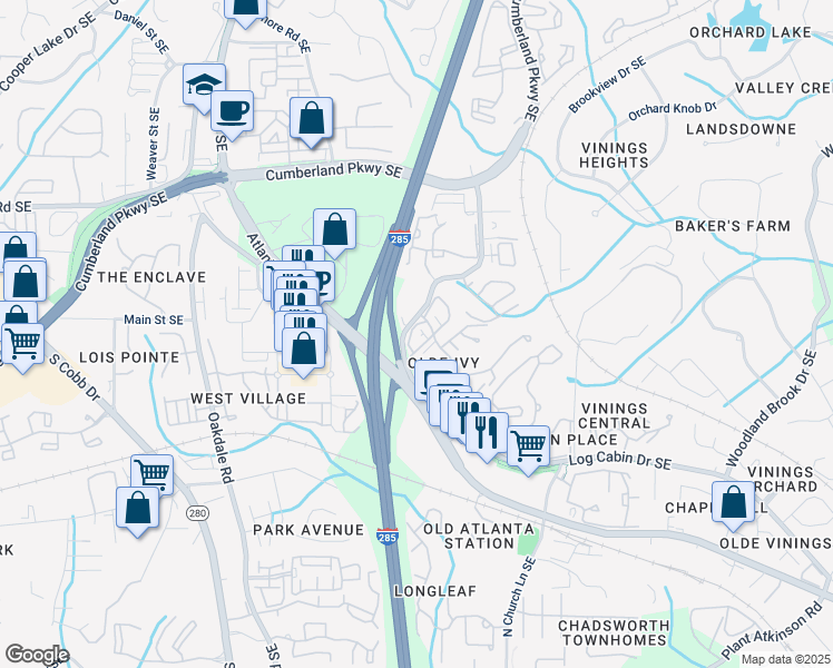 map of restaurants, bars, coffee shops, grocery stores, and more near 4676 Ivy Gate Circle Southeast in Atlanta