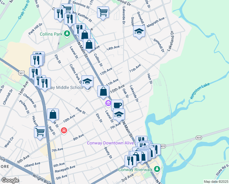 map of restaurants, bars, coffee shops, grocery stores, and more near 901 10th Avenue in Conway