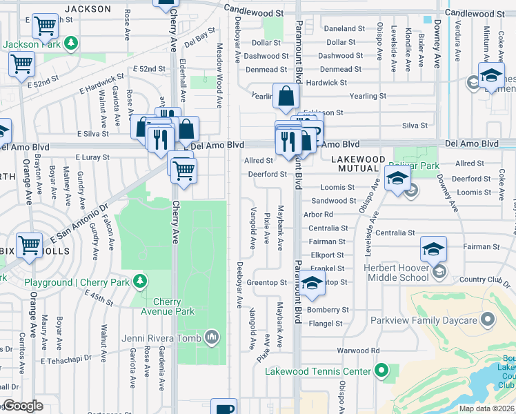 map of restaurants, bars, coffee shops, grocery stores, and more near 4736 Vangold Avenue in Lakewood