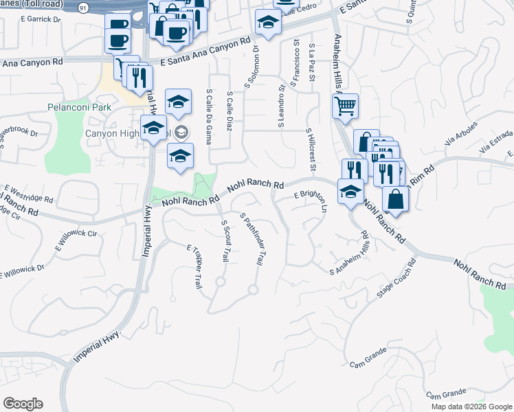 map of restaurants, bars, coffee shops, grocery stores, and more near 500 South Calle De Casas in Anaheim