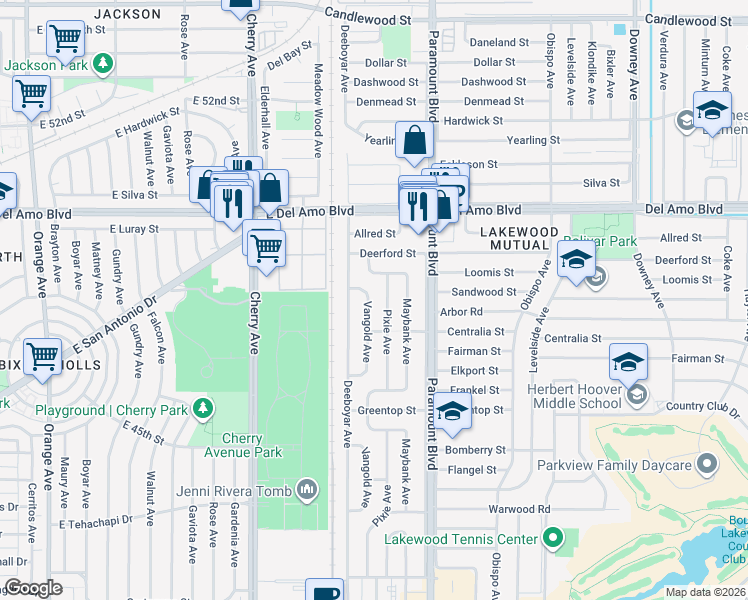 map of restaurants, bars, coffee shops, grocery stores, and more near 4736 Vangold Avenue in Lakewood