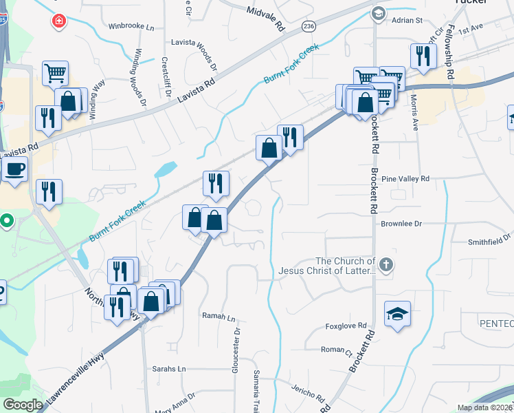 map of restaurants, bars, coffee shops, grocery stores, and more near 3599 Woodbriar Circle in Tucker