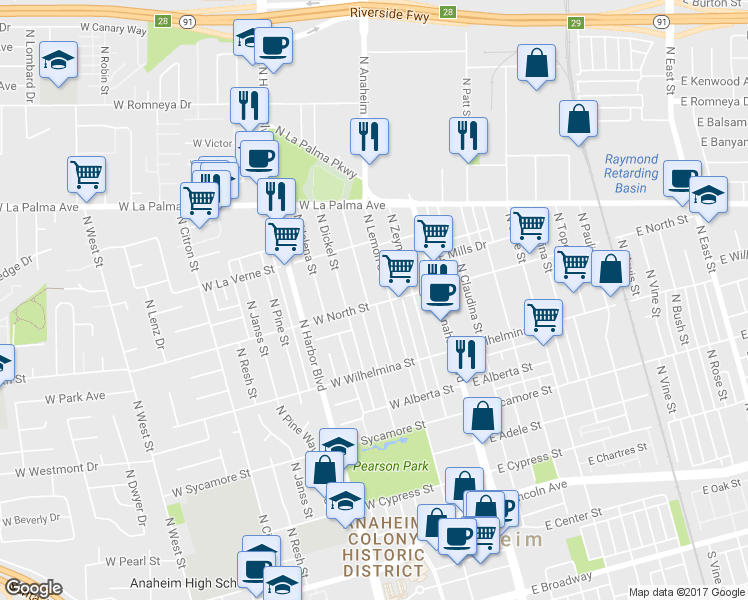map of restaurants, bars, coffee shops, grocery stores, and more near 800 North Clementine Street in Anaheim