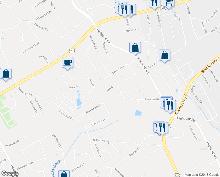 map of restaurants, bars, coffee shops, grocery stores, and more near 3253 Inez Drive in Snellville