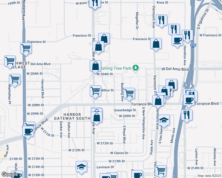 map of restaurants, bars, coffee shops, grocery stores, and more near 1145 West Milton Street in Torrance