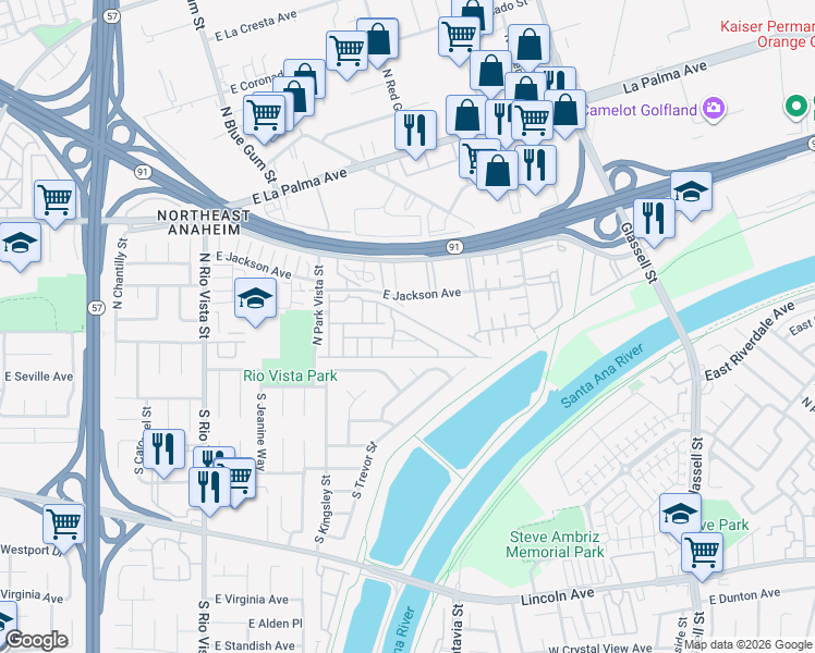 map of restaurants, bars, coffee shops, grocery stores, and more near 2944 East Frontera Street in Anaheim