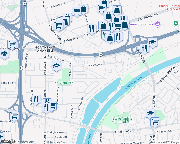 map of restaurants, bars, coffee shops, grocery stores, and more near 320 North Park Vista Street in Anaheim