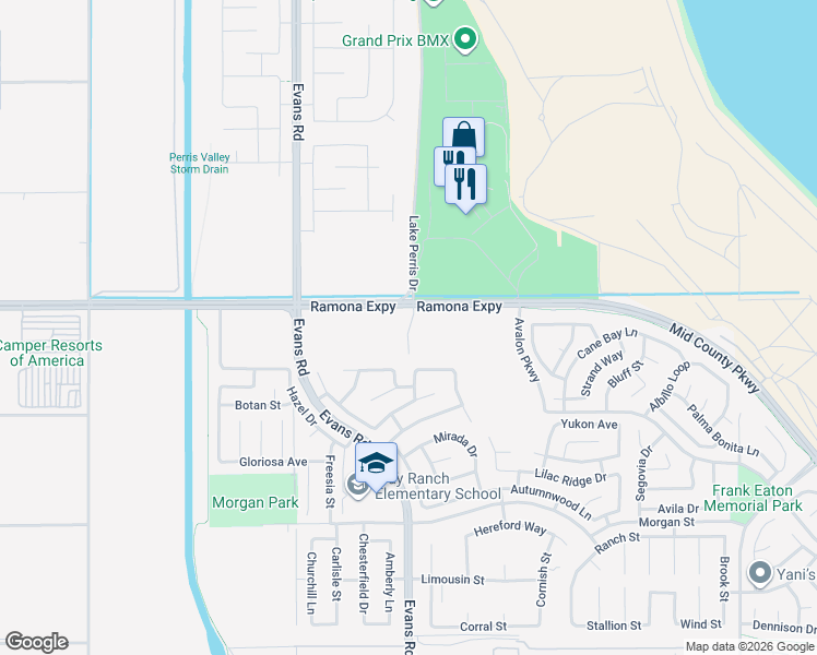 map of restaurants, bars, coffee shops, grocery stores, and more near Center Street in Perris