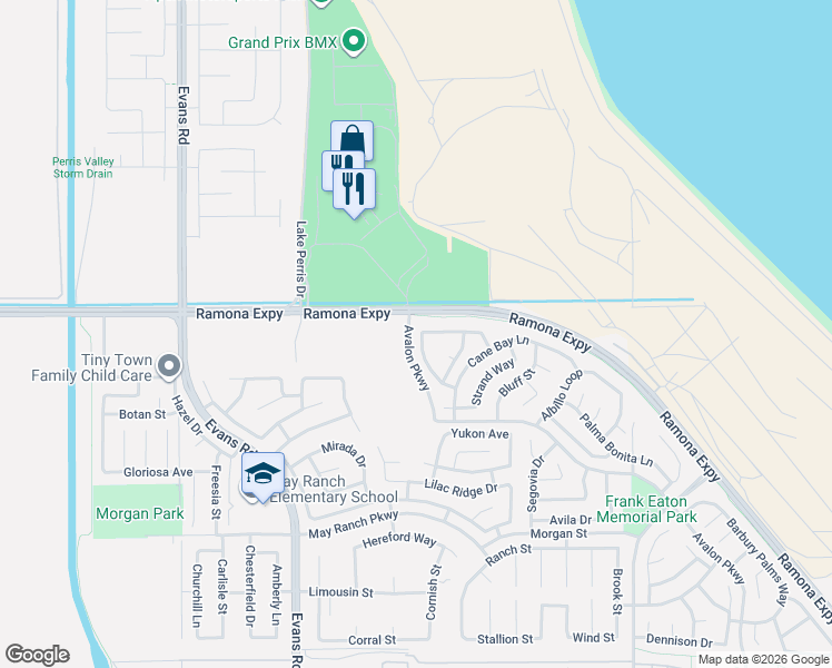 map of restaurants, bars, coffee shops, grocery stores, and more near 3980 Chardonnay Drive in Perris