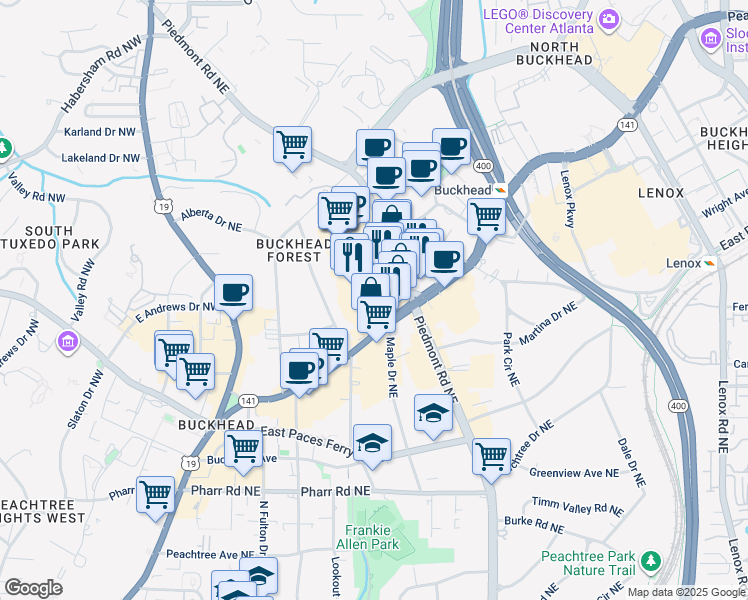 map of restaurants, bars, coffee shops, grocery stores, and more near 3242 Peachtree Road Northeast in Atlanta