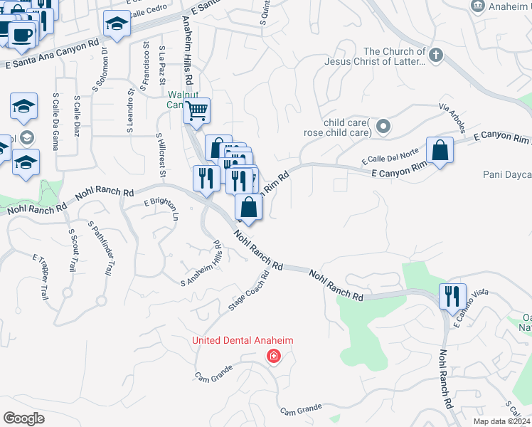 map of restaurants, bars, coffee shops, grocery stores, and more near 545 South Ranch View Circle in Anaheim