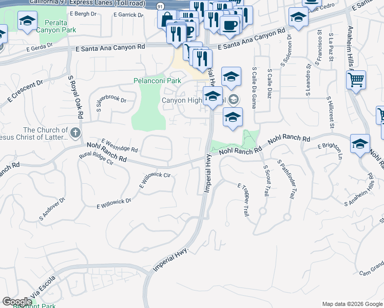 map of restaurants, bars, coffee shops, grocery stores, and more near 480 South Avenue Faro in Anaheim