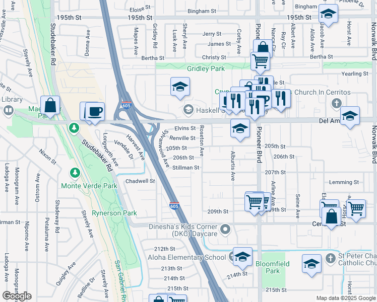 map of restaurants, bars, coffee shops, grocery stores, and more near 11441 216th Street in Lakewood