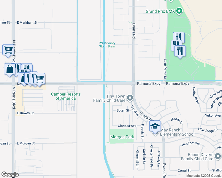 map of restaurants, bars, coffee shops, grocery stores, and more near 3878 Akina Avenue in Perris