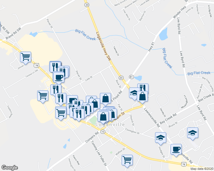 map of restaurants, bars, coffee shops, grocery stores, and more near 253 Fair Street in Loganville