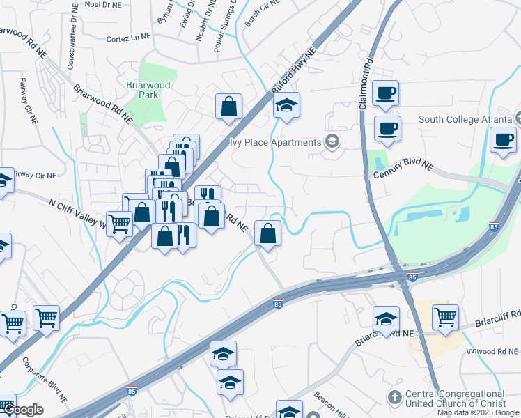 map of restaurants, bars, coffee shops, grocery stores, and more near 1615 Trailview Way Northeast in Atlanta