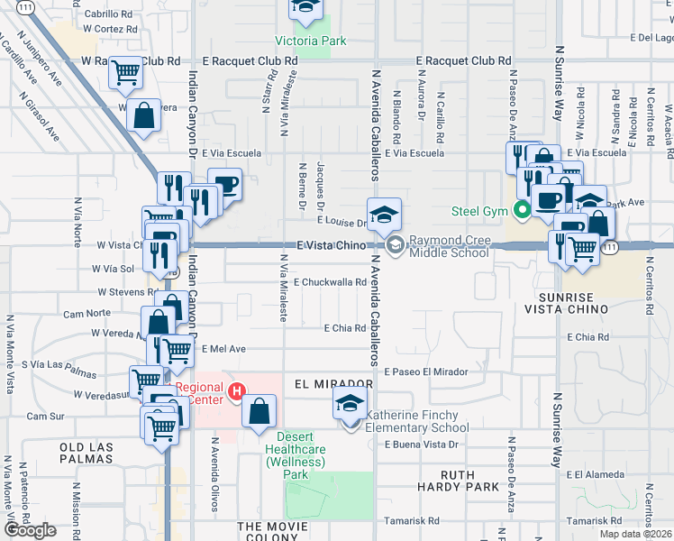 map of restaurants, bars, coffee shops, grocery stores, and more near 807 East Cottonwood Road in Palm Springs