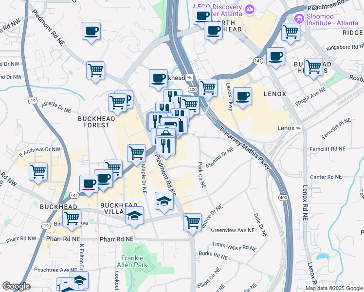 map of restaurants, bars, coffee shops, grocery stores, and more near 3275 Peachtree Drive Northeast in Atlanta