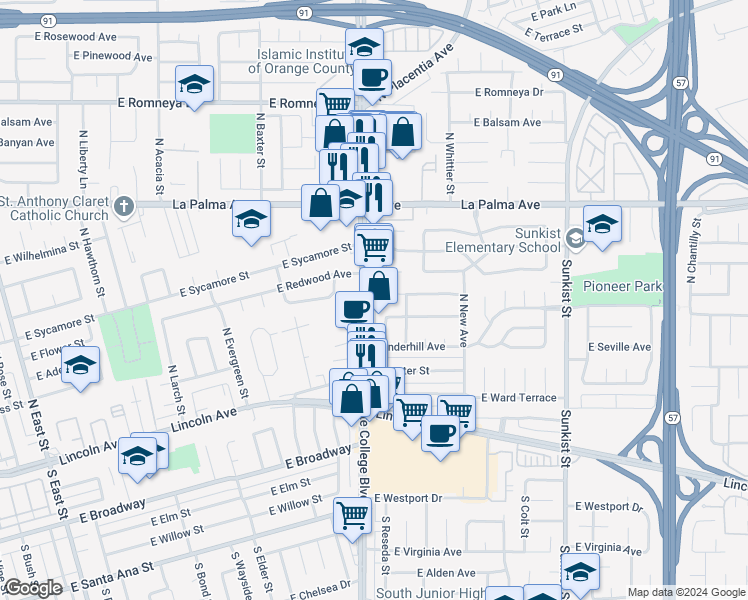 map of restaurants, bars, coffee shops, grocery stores, and more near 330 North State College Boulevard in Anaheim