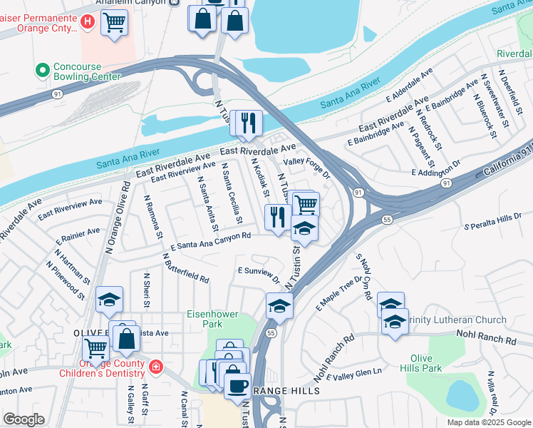 map of restaurants, bars, coffee shops, grocery stores, and more near 209 North Kodiak Street in Anaheim