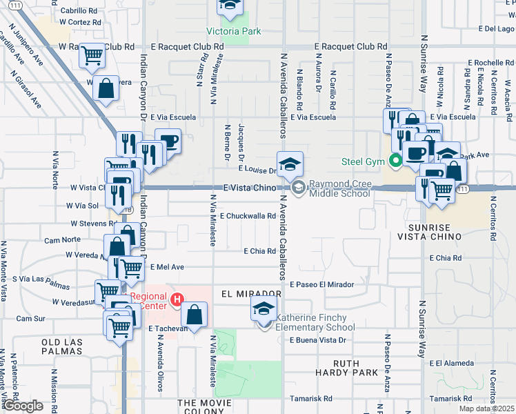 map of restaurants, bars, coffee shops, grocery stores, and more near 807 East Cottonwood Road in Palm Springs