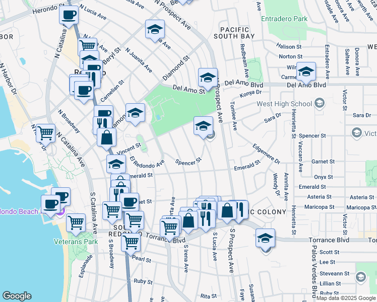 map of restaurants, bars, coffee shops, grocery stores, and more near 224 North Juanita Avenue in Redondo Beach