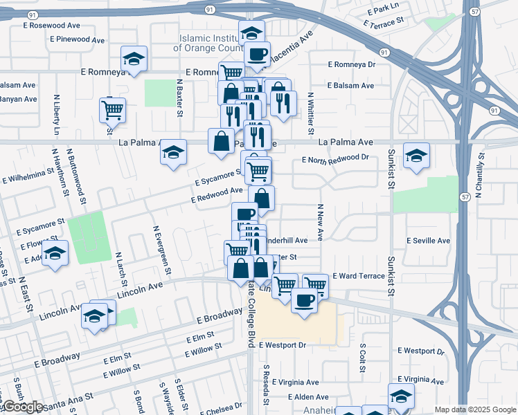 map of restaurants, bars, coffee shops, grocery stores, and more near 330 North State College Boulevard in Anaheim