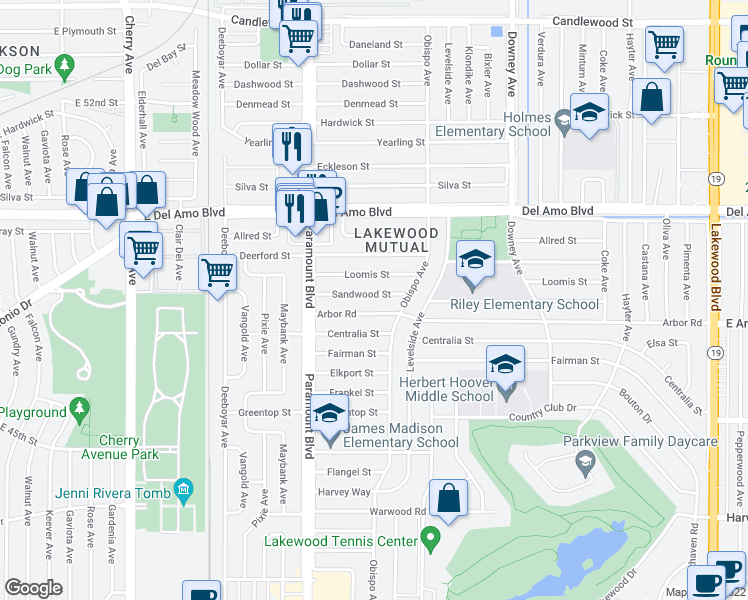 map of restaurants, bars, coffee shops, grocery stores, and more near 2832 Sandwood Street in Lakewood