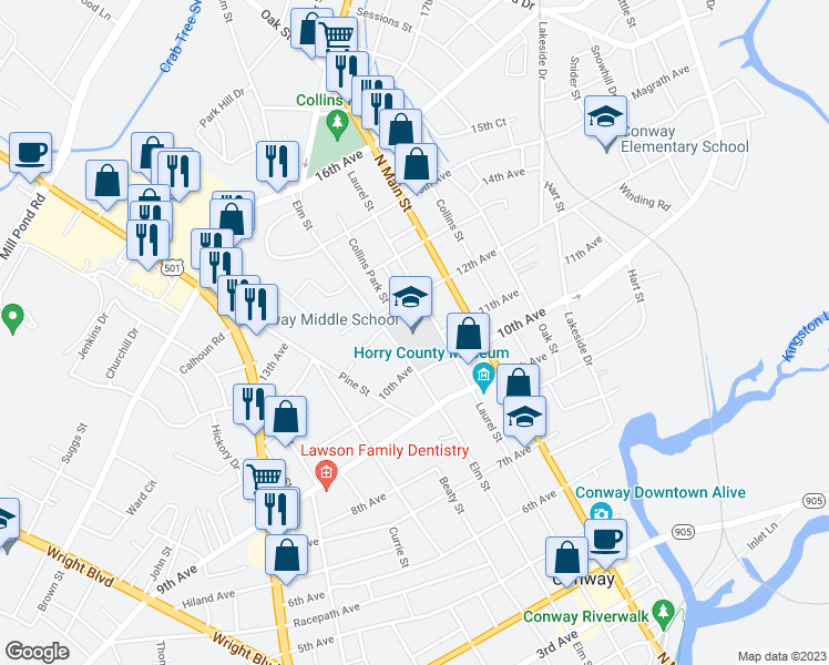 map of restaurants, bars, coffee shops, grocery stores, and more near 1104 Elm Street in Conway