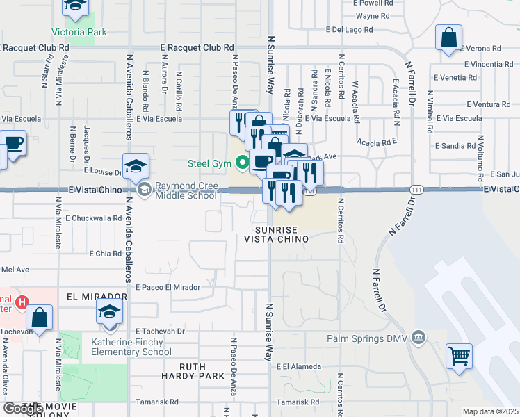 map of restaurants, bars, coffee shops, grocery stores, and more near 1695 North Sunrise Way in Palm Springs