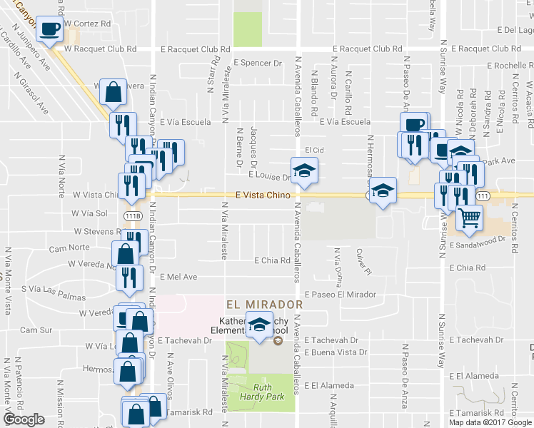 map of restaurants, bars, coffee shops, grocery stores, and more near 920 East Cottonwood Road in Palm Springs