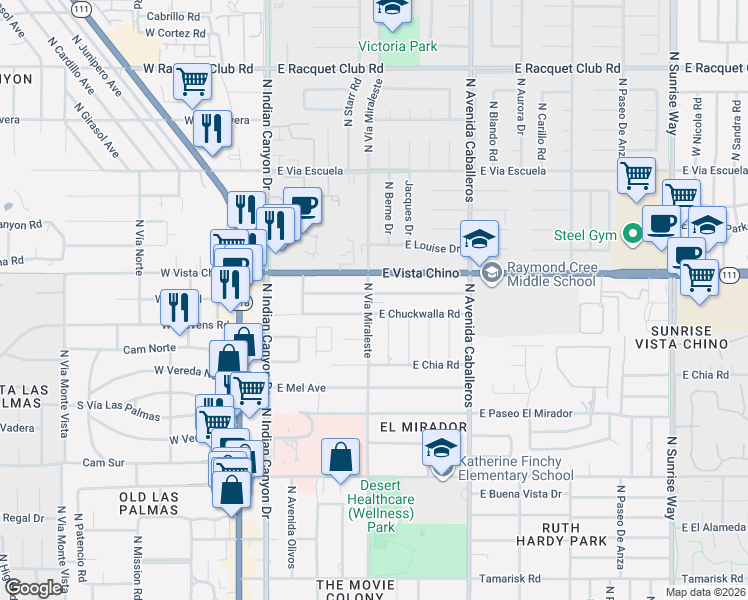 map of restaurants, bars, coffee shops, grocery stores, and more near 600 East Cottonwood Road in Palm Springs