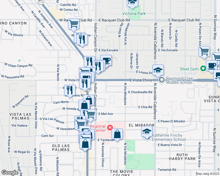 map of restaurants, bars, coffee shops, grocery stores, and more near 401 East Vista Chino in Palm Springs