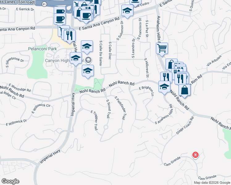map of restaurants, bars, coffee shops, grocery stores, and more near 5946 East Cll Principia in Anaheim