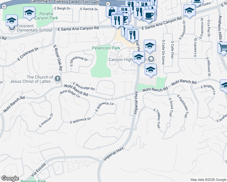 map of restaurants, bars, coffee shops, grocery stores, and more near 461-463 South Westridge Circle in Anaheim