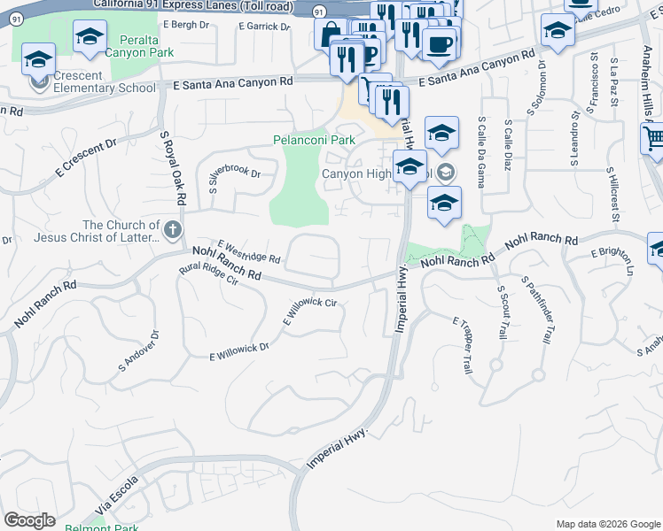 map of restaurants, bars, coffee shops, grocery stores, and more near 463 South Westridge Circle in Anaheim