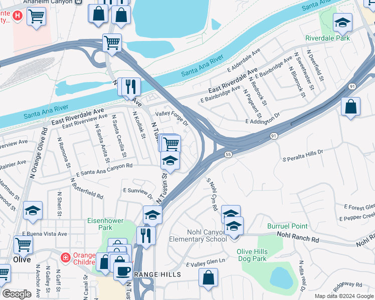 map of restaurants, bars, coffee shops, grocery stores, and more near 4007 East Flintlock Way in Anaheim