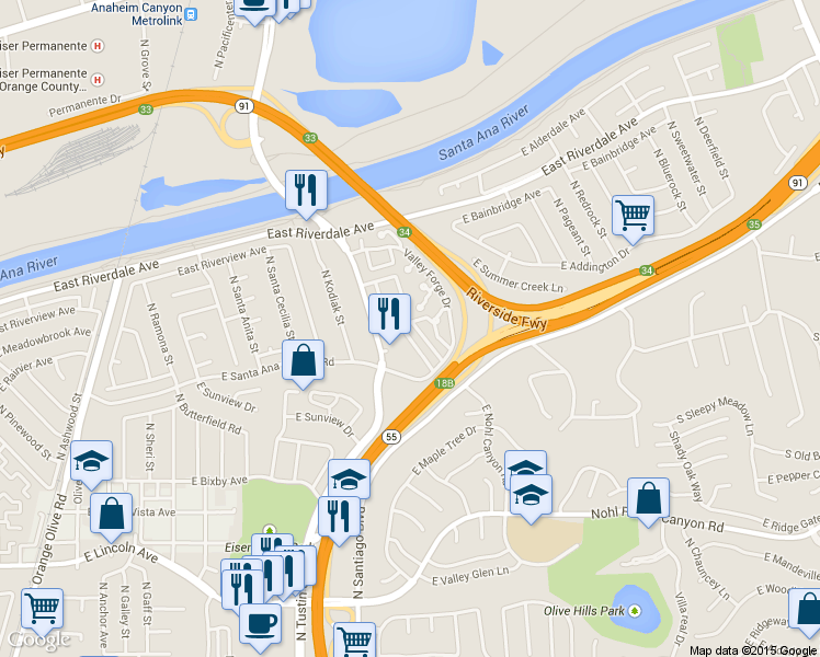 map of restaurants, bars, coffee shops, grocery stores, and more near 213 North Merrimac Drive in Anaheim